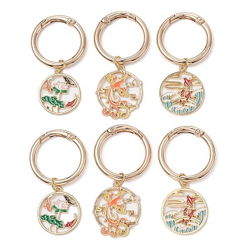 Alloy Enamel Shoe Charms, with Spring Gate Rings, Flat Round with Fish/Lotus//Phoenix Charm, for Boot Decoration, Mixed Color, 63mm, 6pcs/set