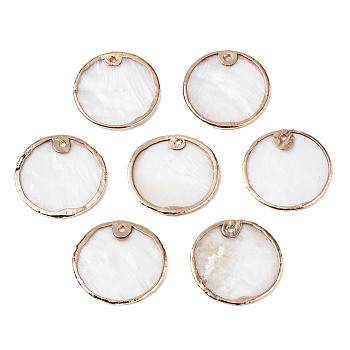 Natural Capiz Shell Pendants, with Golden Plated Brass Edge, Flat Round, BurlyWood, 19~20x1mm, Hole: 0.9mm