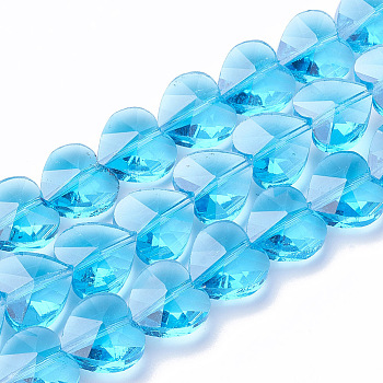 Transparent Glass Beads, Faceted, Heart, Deep Sky Blue, 10x10x6.5mm, Hole: 1mm