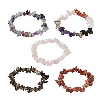 5Pcs 5 Style Natural Mixed Stone Chip Beads Stretch Bracelets for Women, Inner Diameter: 1-3/4~2 inch(4.5~5.2cm), 1pc/style