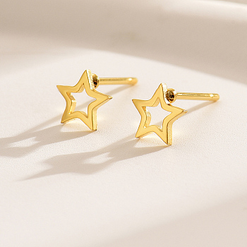 Simple Geometric Star Earrings, Fashionable Stainless Steel, Women's Earrings, Real 18K Gold Plated, 6mm