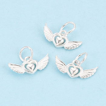 925 Sterling Silver Heart with Angel Wings Charms, with 925 Stamp, Silver, 6.5x14~14.5x2.5mm, Hole: 4mm, Jump Ring: 5x0.5mm, Inner Diameter: 4mm