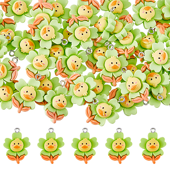 60pcs Opaque Resin Pendants, Flower Charms with Duck, with Platinum Tone Iron Loops, Green Yellow, 26x18x8.5mm, Hole: 2mm