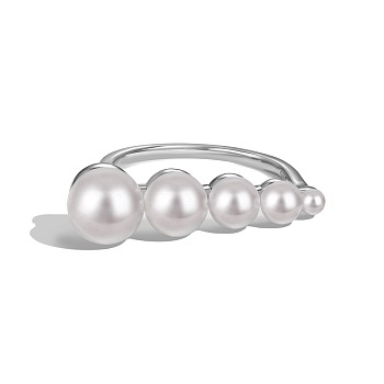 Round Shell Pearl Finger Rings, Rhodium Plated 925 Sterling Silver Ring for Women, Platinum, 17x17.5mm