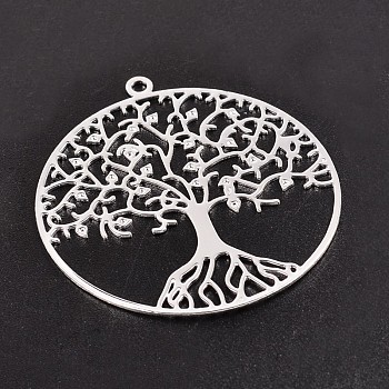 Filigree Tree of Life Brass Pendants, Silver Color Plated, 39x36x0.6mm, Hole: 2mm