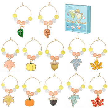 Autumn Theme Alloy Enamel with Glass Wine Glass Charms, with Brass Hoop Earring Findings, Leaf/Pumpkin/Pine Cone, Mixed Color, 39~56mm, 6 style, 2pcs/style, 12pcs/set
