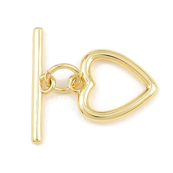 Heart Brass Toggle Clasps, Cadmium Free & Lead Free, Long-Lasting Plated, Real 18K Gold Plated, 4.5~14.5x12.5~19.5x1.5~1mm, Hole: 1.5~1.6mm