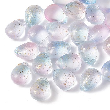 Two Tone Transparent Spray Painted Glass Beads, Top Drilled Beads, with Glitter Powder, Frosted, Teardrop, Light Blue, 12.5x9.5x7mm, Hole: 1mm