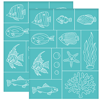 Self-Adhesive Silk Screen Printing Stencil, for Painting on Wood, DIY Decoration T-Shirt Fabric, Turquoise, Fish Pattern, 280x220mm