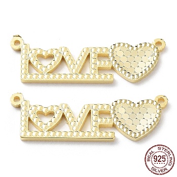 925 Sterling Silver Connector Charms, Word Love Links, Real 18K Gold Plated, 8x27x1.2mm, Hole: 1mm