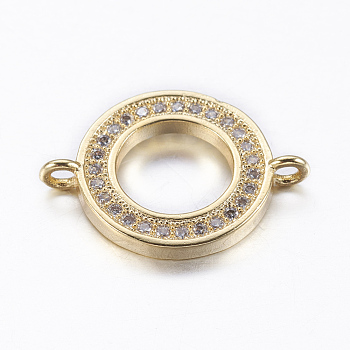 Brass Micro Pave Cubic Zirconia Links, Flat Round, Real 18K Gold Plated, 14x19.5x2mm, Hole: 1.5mm