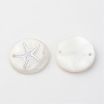 Freshwater Shell Links connectors, Flat Round with Gold Blocking Starfish/Sea Stars, Platinum, 20x3~4mm, Hole: 1.5mm