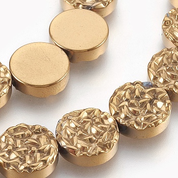 Electroplated Non-magnetic Synthetic Hematite Beads Strands, Textured Flat Round, Golden Plated, 12x4mm, Hole: 1mm, about 33pcs/strand, 15.7 inch(40cm)