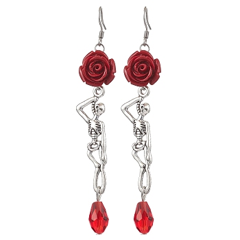 304 Stainless Steel Dangle Earrings, with Glass & Synthetic Coral & Alloy, Skeleton with Flower, Antique Silver & Stainless Steel Color, 87x15mm, 2pair/set