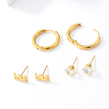 3 Pairs 3 Style Stainless Steel Huggie Hoop Earring & Stud Earring Sets, Jewelry for Women, Real 18K Gold Plated, Word, 5~20x7~20mm, 1 pair/style