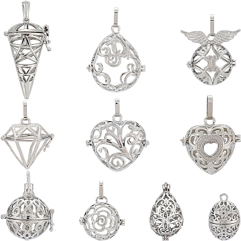 10Pcs 10 Styles Hollow Brass Cage Pendants, For Chime Ball Pendant Necklaces Making Making, Mixed Shapes, Platinum, 24.5~39x16~33x8~24mm, Hole: 3.5~10x3.5~8mm, 1pc/style