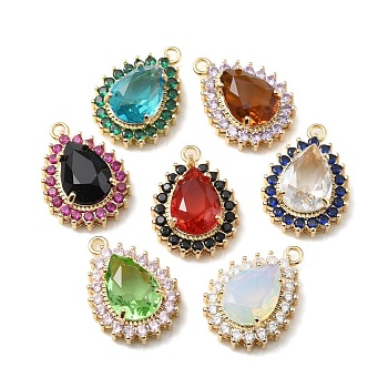 Brass with K9 Glass & Rhinestone Pendants, Light Gold, Teardrop Charms, Mixed Color, 24.5x17x8mm, Hole: 2mm