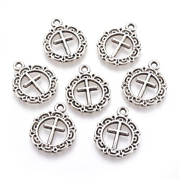 Tibetan Style Flat Round with Cross Alloy Pendants, Cadmium Free & Lead Free, Antique Silver, 20x16x1mm, Hole: 2mm