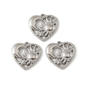 304 Stainless Steel & Rhinestone Pendants, Heart with Moon Sun Charms, Stainless Steel Color, 17x17x2mm, Hole: 1.2mm