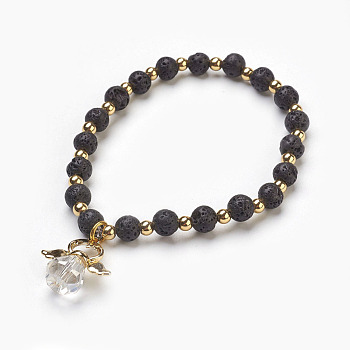 Natural Lava Rock Beads Stretch Charm Bracelets, with Brass and Alloy Findings, Angel, 2-1/8 inch(5.4cm), Charm: 21x19x10mm