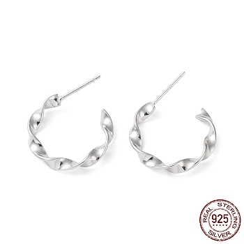 Rhodium Plated 925 Sterling Silver Stud Earrings, Half Hoop Earring, Twisted Round Ring, Real Platinum Plated, 26x20x3mm