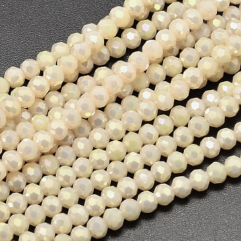 Full Rainbow Plated Imitation Jade Electroplate Glass Beads Strands, Faceted Round, Light Goldenrod Yellow, 4mm, Hole: 1mm, about 100pcs/strand, 14.9 inch