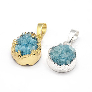Flat Round Dyed Natural Druzy Agate Pendants, Druzy Trimmed Stone, with Brass Findings, Deep Sky Blue, 17x14x8~11mm, Hole: 5x8mm(G-F229-18D)