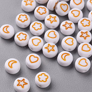 White Opaque Acrylic Beads, Flat Round with Heart & Flower & Moon & Star, Goldenrod, 7x4mm, Hole: 1.6mm(MACR-N008-41F)