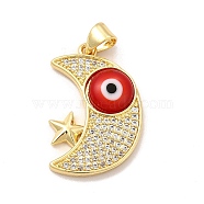 Rack Plating Brass Micro Pave Clear Cubic Zirconia Pendants, with Handmade Evil Eye Lampwork, Cadmium Free & Lead Free, Long-Lasting Real 18K Gold Plated, Moon with Star Charm, Red, 25x16.5x4mm, Hole: 5x3.5mm(LAMP-A153-01G-04)