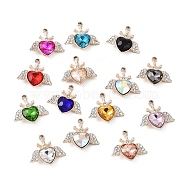 Alloy Rhinestone Pendants, Light Gold Tone Heart with Wing Charms, Mixed Color, 21.5x22.5x5.5mm, Hole: 2mm(ALRI-C008-53P)