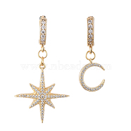 Star and Moon Asymmetrical Dangle Hoop Earrings, with Brass Cubic Zirconia Charms & Earring Hoops and Jewelry Box, Real 18K Gold Plated, 30mm and 40mm, Pin: 0.8mm, 2pcs/set(EJEW-JE04031-02)