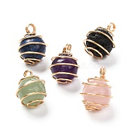 Natural Mixed Gemstone Pendants, with Real 18K Gold Plated Eco-Friendly Copper Wire, Round, 18x12~13mm, Hole: 2.5~3mm(PALLOY-JF00910)