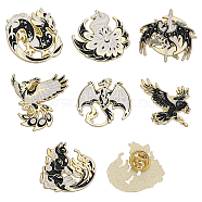 7Pcs 7 Style Dragon & Cat & Bird & Fox Enamel Pin, Light Gold Alloy Animal Badges for Clothes Backpack, Black, 26.5~30.5x27~32x1.5mm, 1Pc/style(JEWB-CA0001-40)