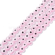 Handmade Evil Eye Lampwork Flat Round Bead Strands, Pink, 8x3.2mm, Hole: 1mm, about 49pcs/strand, 14.56 inch(X-LAMP-L058-8mm-15)