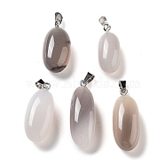 Natural Agate Dyed Pendants, Oval Charms with Stainless Steel Color Plated Stainless Steel Snap on Bails, Gray, 21~32x9.5~16.5x10.5x7.5~12.5mm, Hole: 6x3mm(G-Q016-03I)