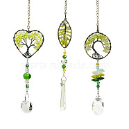 Glass Teardrop/Cone Pendant Decorations, Natural Peridot Chips Flat Round/Leaf/Heart with Tree of Life Hanging Suncatchers, with Metal Findings, for Home, Car Interior Ornaments, 350~400mm, 3pcs/set(TREE-PW0003-08)