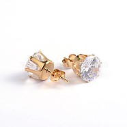 Flat Round 304 Stainless Steel Cubic Zirconia Stud Earrings, Golden, Clear, 4mm, Pin: 0.9mm(EJEW-H306-35G-4mm)