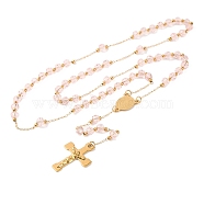 Ion Plating(IP) Crucifix Cross 304 Stainless Steel Rosary Bead Necklaces, with Acrylic Beads, Lavender Blush, 25.98 inch(66cm)(NJEW-M075-03G-02)