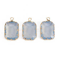 Transparent Glass Pendants, with Brass Prong Settings, Faceted, Rectangle, Light Gold, Light Steel Blue, 24x14x6mm, Hole: 1.6mm(GLAA-S193-005-A03)