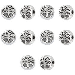 10Pcs Retro 304 Stainless Steel Beads, Flat Round with Tree of Life, Antique Silver, 10x5.5mm, Hole: 2mm(STAS-UN0055-58)