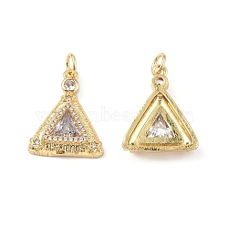 Brass Micro Pave Clear Cubic Zirconia Pendants, with Glass and Jump Ring, Triangle Charm, Real 18K Gold Plated, 19x15x4mm, Hole: 3.4mm(KK-E068-VF328)