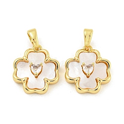 Brass Pave Shell Pendants, with Clear Cubic Zirconia, Flower Charm, Real 18K Gold Plated, 15.5x13.5x4mm, Hole: 4.8x2.7mm(KK-G490-38G)