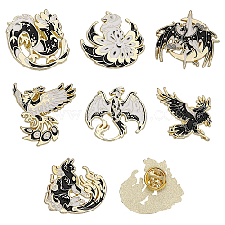 7Pcs 7 Style Dragon & Cat & Bird & Fox Enamel Pin, Light Gold Alloy Animal Badges for Clothes Backpack, Black, 26.5~30.5x27~32x1.5mm, 1Pc/style(JEWB-CA0001-40)