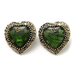 Glass Heart with Rose Stud Earrings, Antique Golden Alloy Earrings with 925 Sterling Silver Pins, Green, 32x31.5mm(EJEW-F323-01AG)