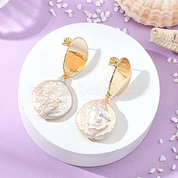Natural Baroque Keshi Pearl Stud Dangle Earring, Round, with Brass Stud Earring Findings for Women, Golden, 49~50x21~22mm(EJEW-JE07134)