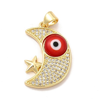 Rack Plating Brass Micro Pave Clear Cubic Zirconia Pendants, with Handmade Evil Eye Lampwork, Cadmium Free & Lead Free, Long-Lasting Real 18K Gold Plated, Moon with Star Charm, Red, 25x16.5x4mm, Hole: 5x3.5mm