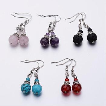 Natural & Synthetic Mixed Stone Bead Dangle Earrings, with Brass Earring Hooks, Alloy and Iron Findings, Platinum, 42mm