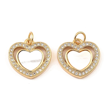 Brass Cubic Zirconia with Shell Pendants, Long-Lasting Plated, Lead Free & Cadmium Free, Heart, Real 18K Gold Plated, 15x15.5x3mm