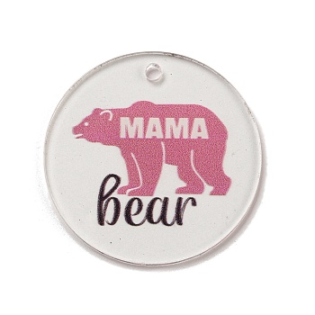 Mother's Day Opaque Acrylic Pendants, Flat Round with Word, Hot Pink, 45x3mm, Hole: 3.5mm