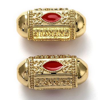 Brass Enamel Beads, Long-Lasting Plated, Real 18K Gold Plated, Oval & Word, Red, 19x9x9mm, Hole: 2mm